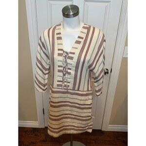 BCBG Max Azria Cream, Red & Navy Blue Striped Milana Lace-Up Dress, Size XXS